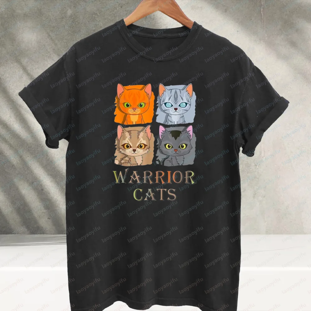 Warrior Cats Four Kittens Cartoon Graphic T‑Shirt Cute Fantasy Feline Character Art Print Short Sleeve Cotton Casual Loose Tees