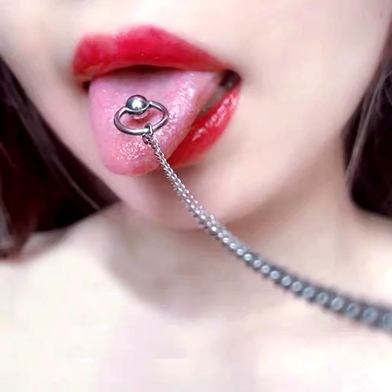 Punk Chain Tongue Ring Septum Lip Nose Piercing Tongue-Jewelry Tongue to Ear Earrings Body Pierc Barbell Titanium Steel Unisex