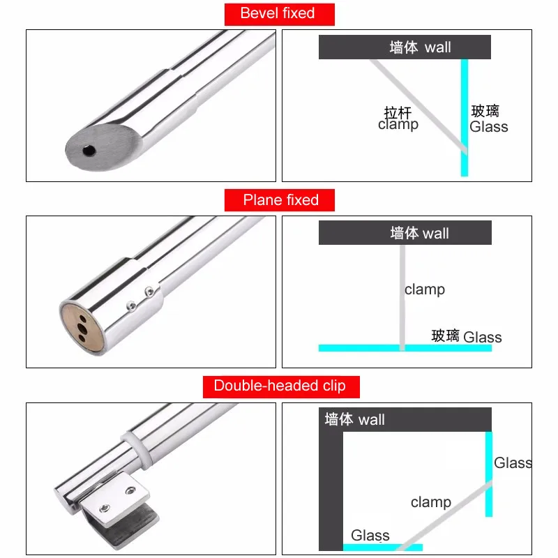 Stainless steel Shower Glass door fixed rod clamp Bathroom glass support bar Plane fixed Adjustable length  easy to install