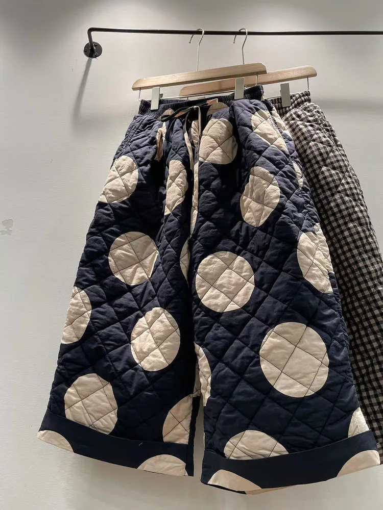 

Зимние женские клетчатые брюки с эластичным поясом, свободные, из хлопка, с широкими штанинами, повседневные, с высокой талией, утепленные, прямого кроя