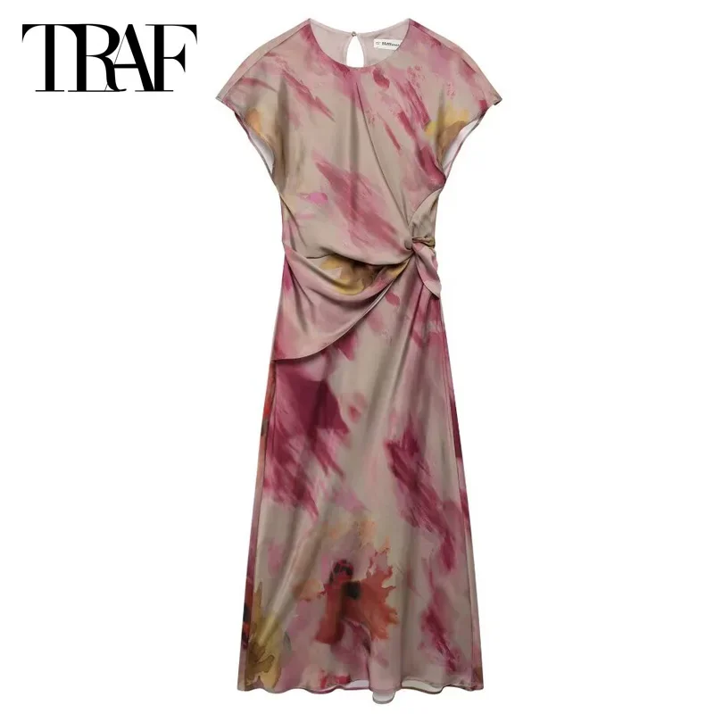 

TRAF Women's Dress Women 2024 Tie Dye Satin Dress Print Ruffled Short Sleeve Dresses Midi Ruched Vestidos Elegant Party Dresses