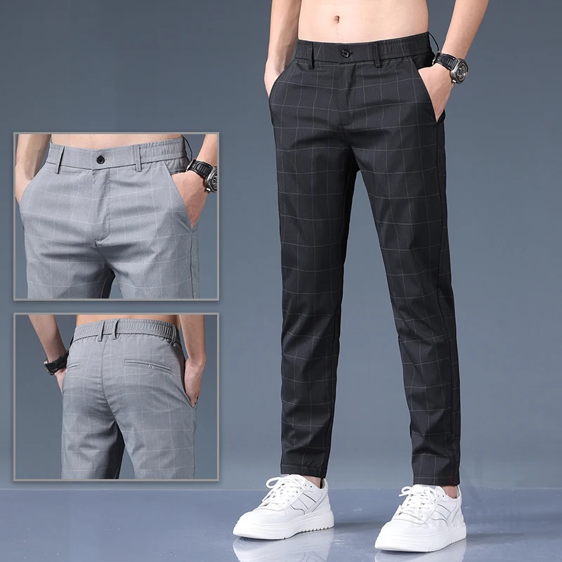 

2024 Spring and Summer Skinny Pants, Business Plaid Straight Pants, Thin Casual Elastic Waist Pants, Tight Suit Trousers