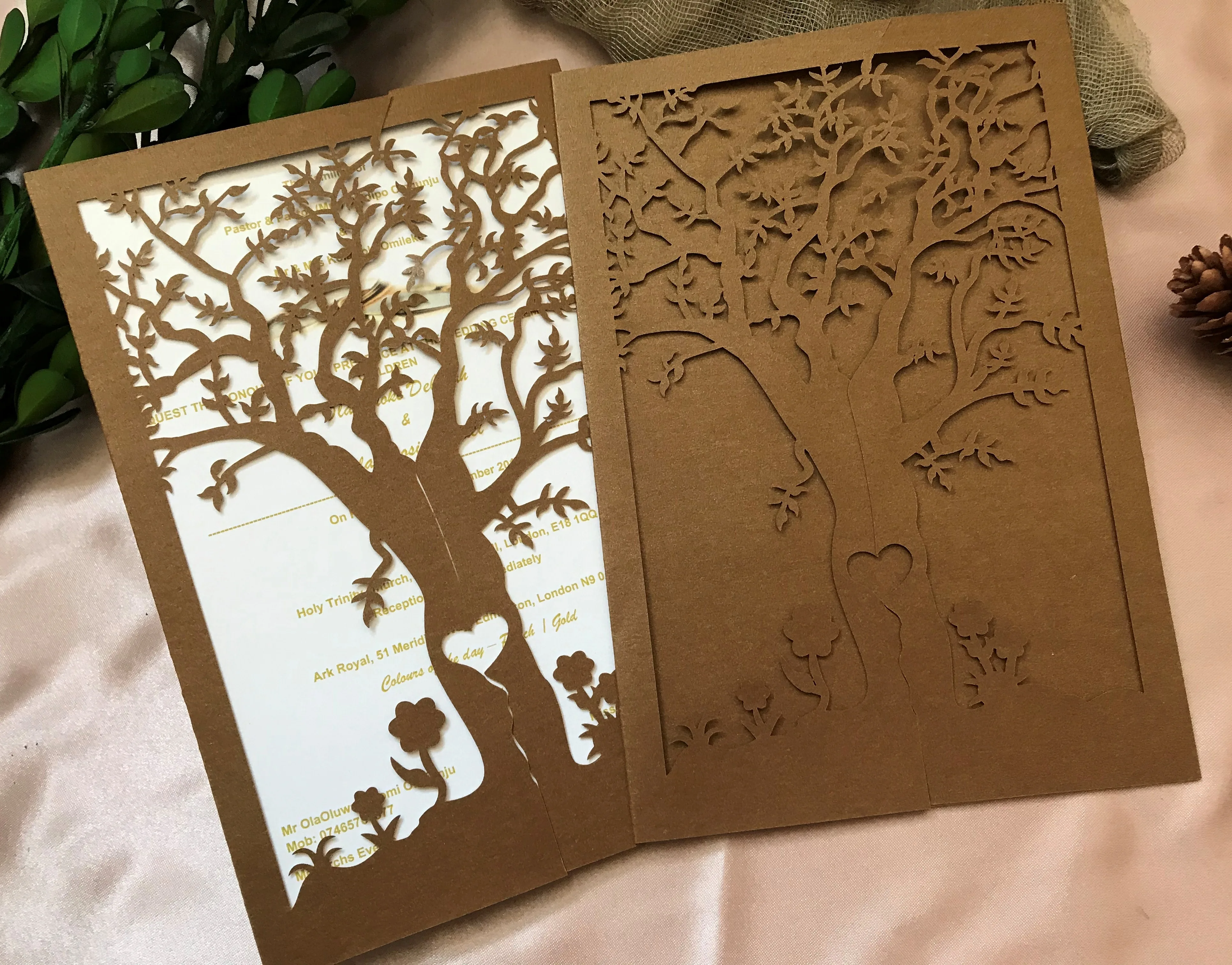 10pcs Elegant Laser Cut Tree Wedding Invitations,Brown Lace Invitation Cards for Marriage,Birthday,Baby Shower Party Decoration view 5