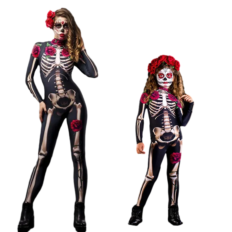 Adult Kids Scary Ghost Skull Devil Costume Women Girl Halloween Skeleton Carnival Jumpsuit Cosplay Clothes Party Day of The Dead