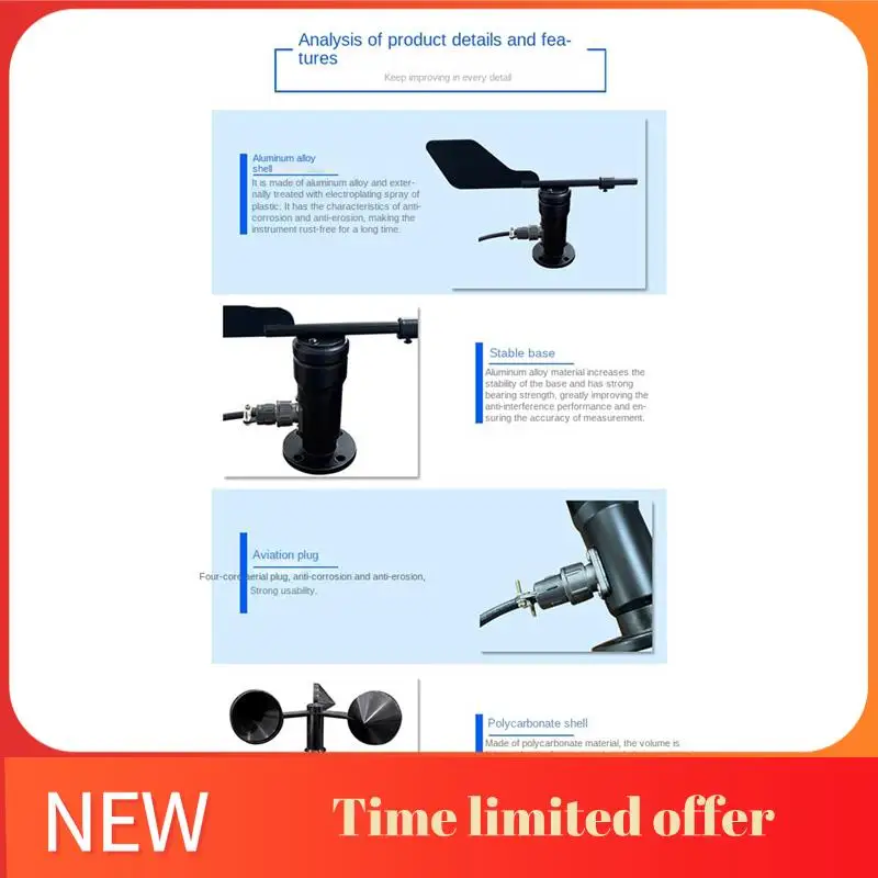 30M/S Polycarbonate Wind Speed Direction Sensor Weather Station Outdoor 3 Cup Anemometers Sensor Output 0-5V