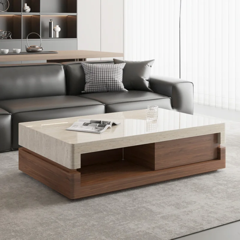 Walnut & Travertine Coffee Table, New Minimalist Luxury Design, Heat & Scratch Resistant, Artisan Custom Furniture.