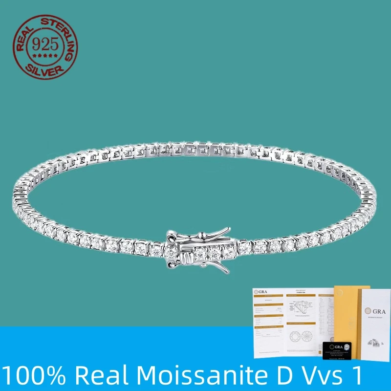 S925 Sterling Silver VVS Moissanite Tennis Bracelet Hip Hop Bling Iced Out For Women Men Width 1Row Bracelet Jewelry Gift