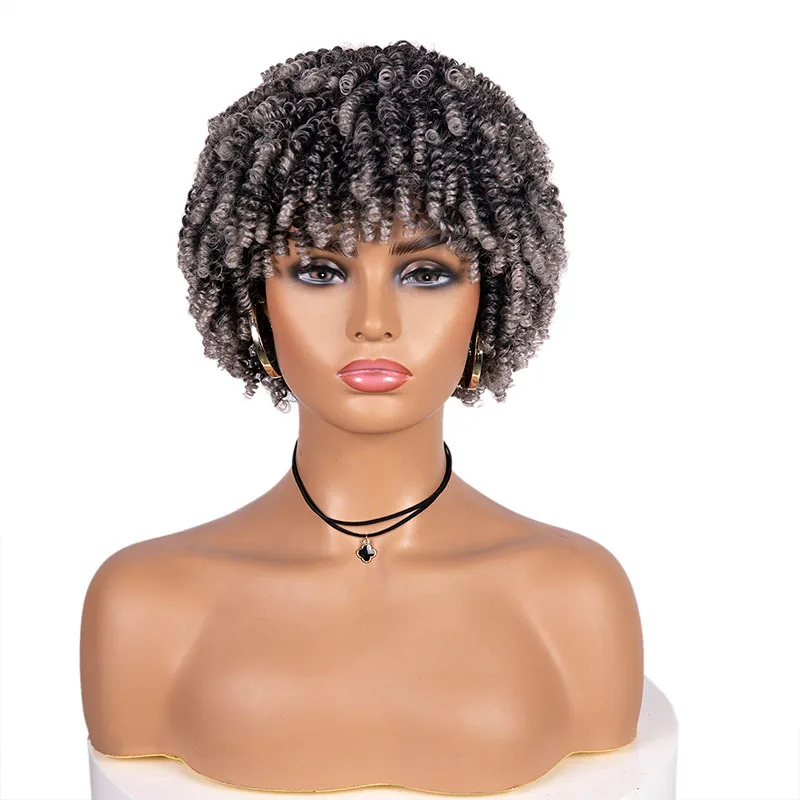 Short Kinky Curly Afro Synthetic Wig with Bangs, Natural Synthetic Hair Wigs for Black Women, Daily Cosplay Use
