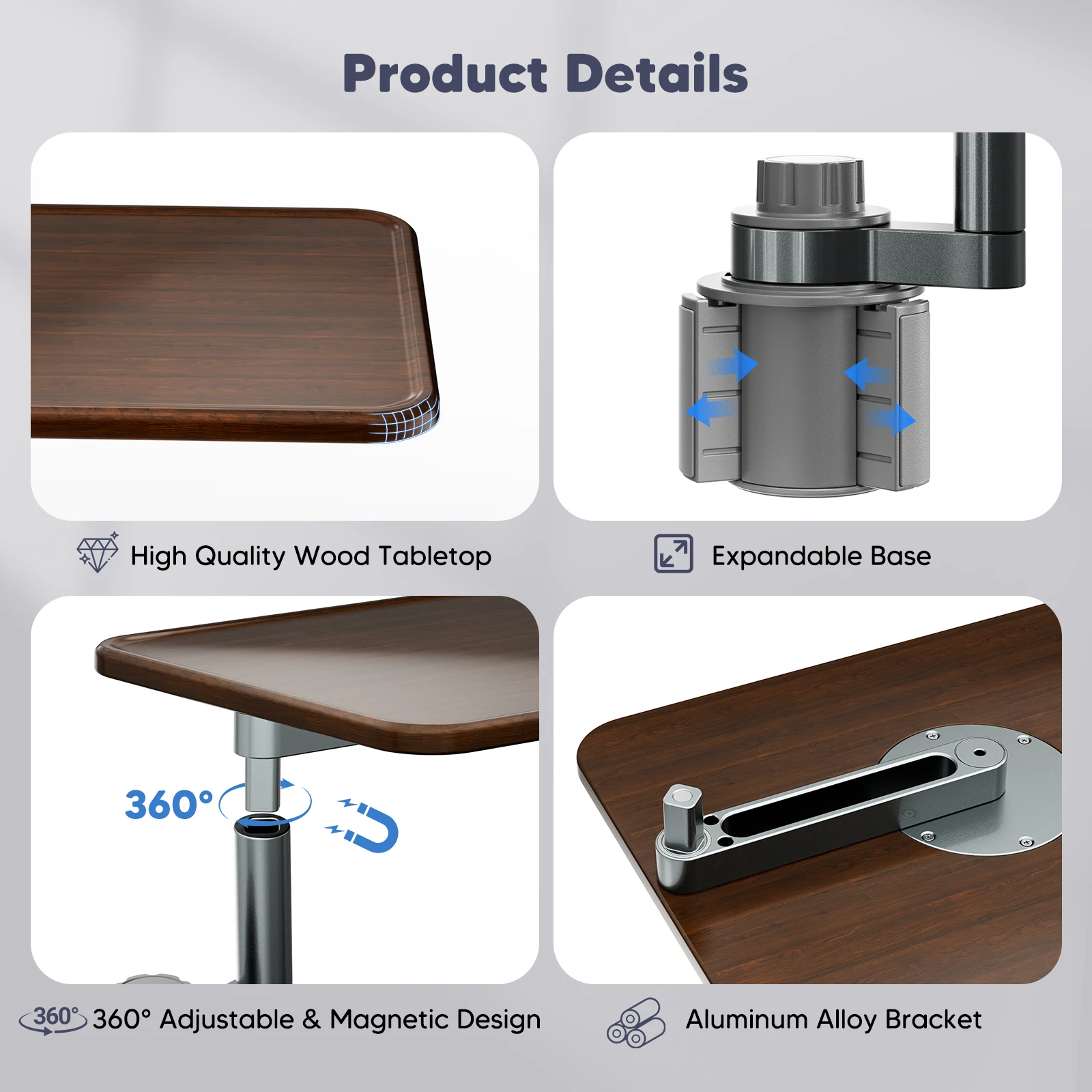 Wood Tray 360° Rotating Car Laptop Desk with Magnetic Lock Expandable Base Portable Workstation for Car Dining & Working