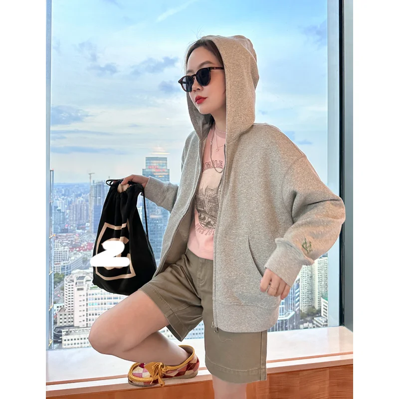 

Grey Women Sweatshirt Coat Solid Hooded Vintage Long Sleeve Thin Korean Fashion Casual Y2K Style 2023 NEW Autumn Female Tops