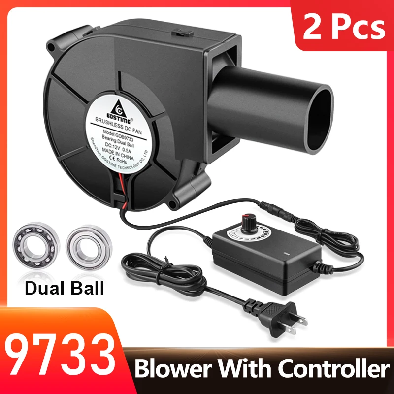 2 Pcs Gdstime 9733 BBQ Fans DC Brushless 12V 90mm Dual Ball High Air Volume Blower with Controller for Charcoal Grill Camping