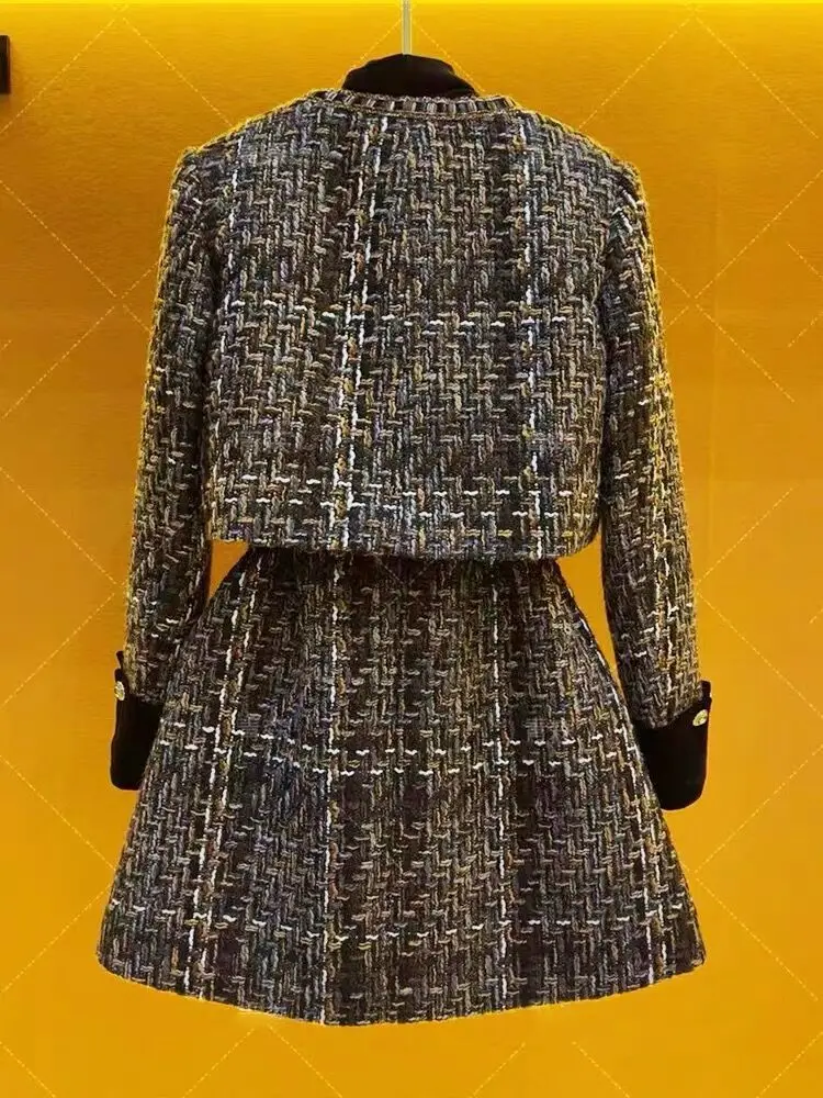 Women Elegant Vintage Tweed Fragrant Suit Jacke Coat Top And Dress Two Piece Set Mtching Outfit Winter Jacquard Party Clothing