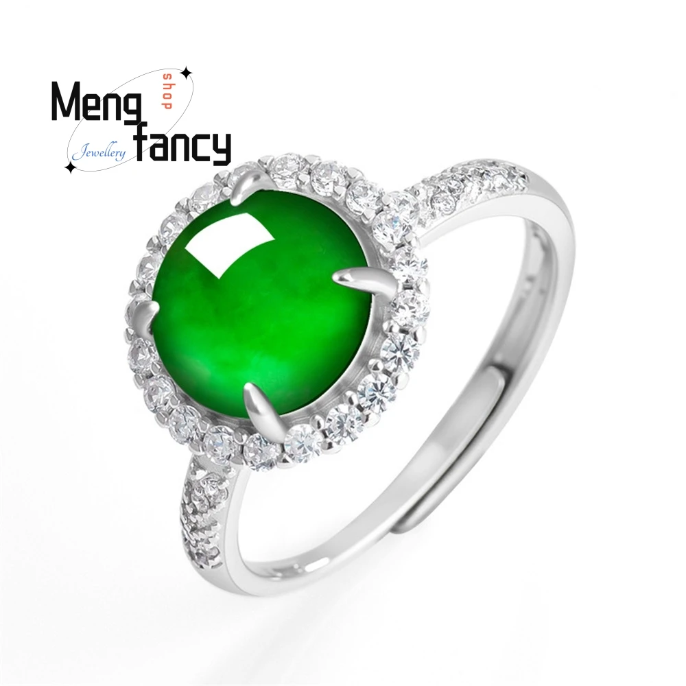 

S925 Silver Inlaid Natural A-Grade Jade Glossy Oval Ring, Ice-Type Jade Ring For Women, Fashionable And Adjustable Best Selling