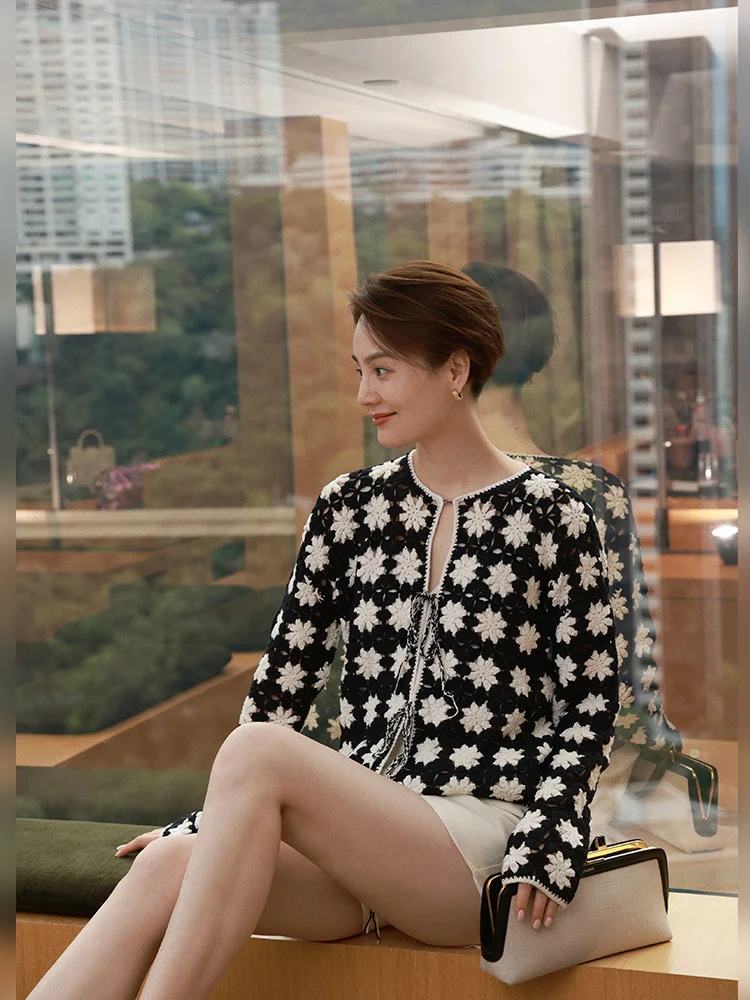 

Handwoven Cotton Linen Sun Protection Cardigan 90 Hollow Flowers Design Long Sve round Ne Regular Length Open Cardigan