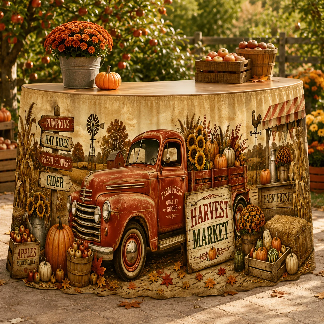 One tablecloth or table skirt in a retro red color, featuring a truck harvesting pumpkins at a market scene.zyc