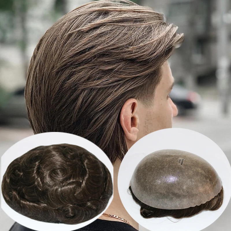 Toupee completo ultra fino da pele do plutônio para homens, pele fina durável europeu, sistema 0.06mm, V Loop Microskin, marrom platina