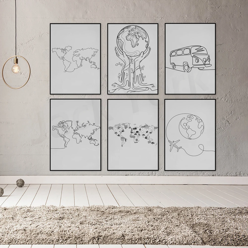 Minimalist World Map Line art,  Room Decoration Prints, Printable Poster Outline, Explorer Illustration Sign, Traveling
