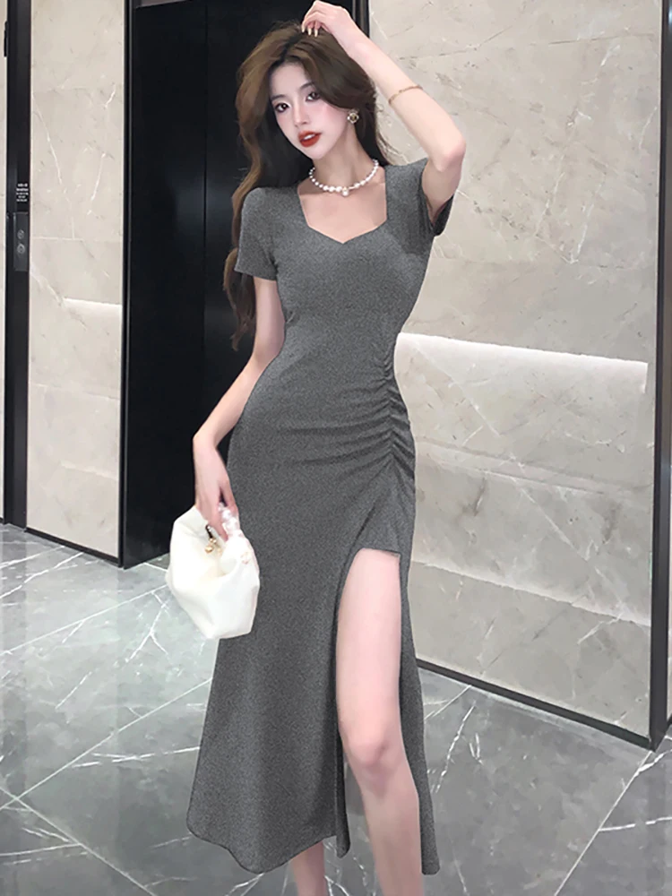 2024 Black Pleated Bodycon Slit Long Dresses Women Korean Vintage Hepburn Prom Clothes Summer Elegant Chic Luxury Party Vestidos