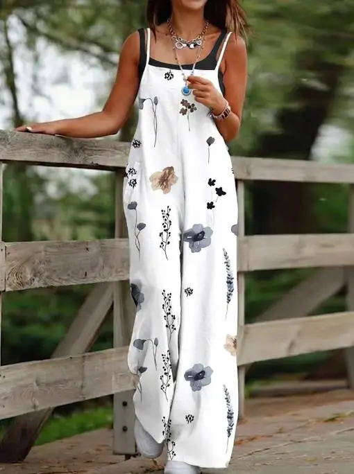 

Spring Summer Women's Jumpsuit Watercolor Floral Print Square Neck Adjustable Spaghetti Straps Wide Leg Loose Fit Cami Jumpsuit