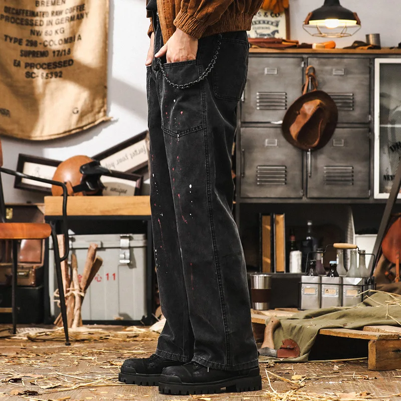 

Retro American Workwear Jeans Men's Loose Casual Straight Leg Pants 2024 New Fashion Dyeing Trendy Trousers mid Waist Zipper