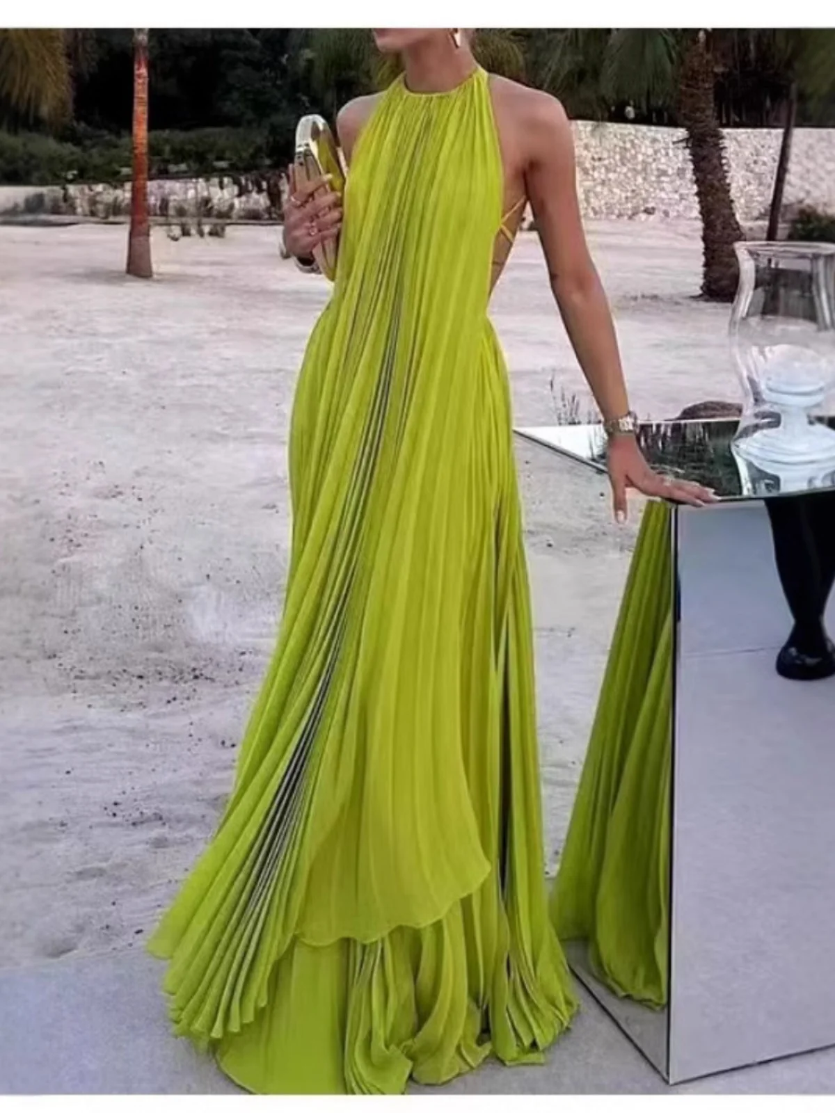 

Sexy Bal round Ne Svel Beach Dr Women's Vaion Sle Loose Waist Polyester Fabric Gored Skirt Long Dr