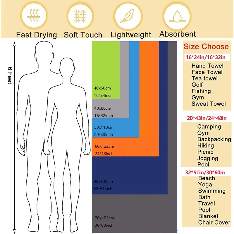 초흡수성 캠핑 타월, 빠른 건조, 극세사 여행 타올, 빠른 건조, 울트라 소프트 컴팩트 체육관 타월, 수영 해변