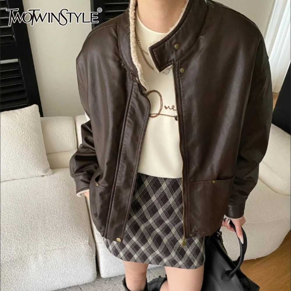 

TWOTWINSTYLE Solid Spliced Pocket Jacket Female Stand Collar Long Sleeve Loose American Retro Women's Jackets Autumn Fashion New