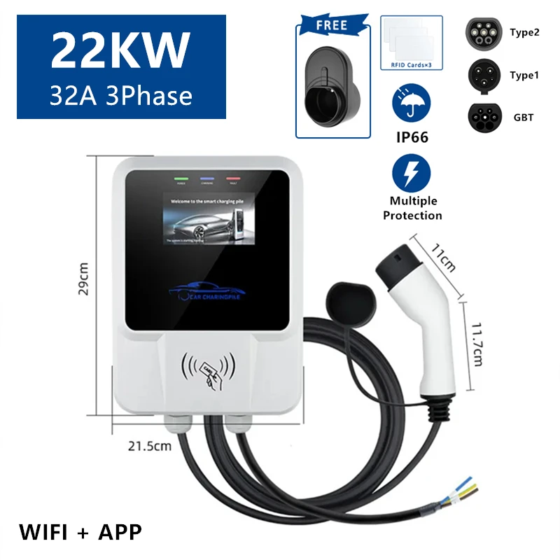 EV Charging Station 22KW 3Phase Electric Vehicle Charger 32A EVSE Wallbox Type2 / Type1 / GBT with Cards APP WIFI