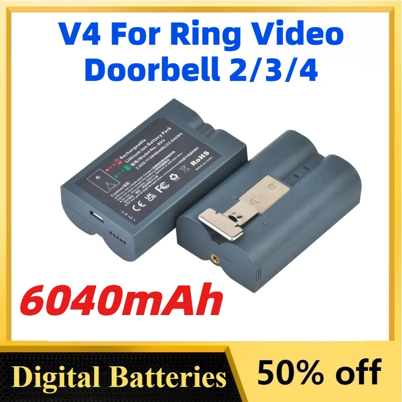 Large Capacity 6040mAh V4 Ring Video Doorbell Rechargeable Li-ion Battery for Ring Video Doorbell 2/3/4 Replaceable Batteries