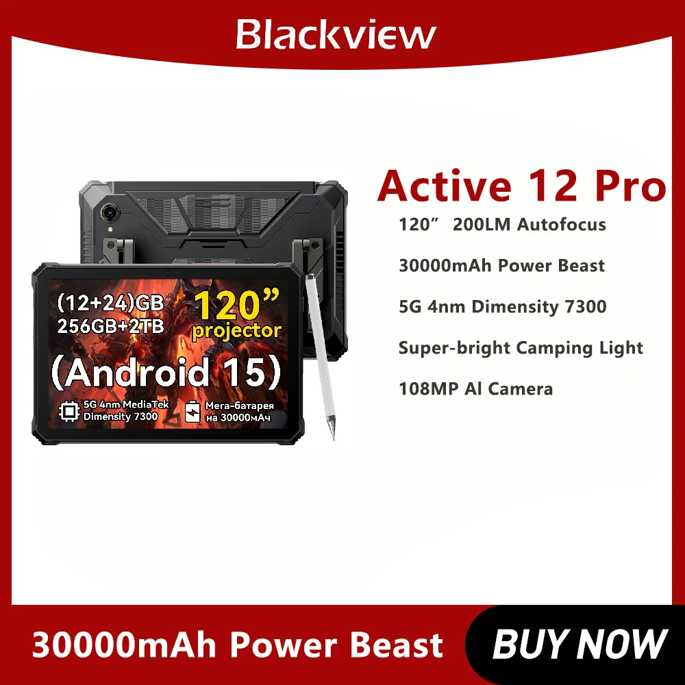 Blackview Rugged Projector Tablet  30000mAh Bettery 11 Inch 16GB 1TB Active 12 Pro Pad  Android 15 Dimensity 7300 Tablet Phone