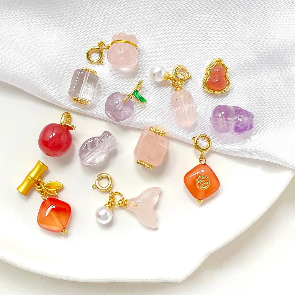 1 Piece Natural Gemstone Crystal Fish Tail Rabbit Pendant with Spacer Beads DIY Jewelry Making Necklace Bracelet Accessory
