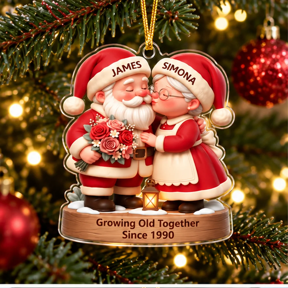 2D Flat Custom Names & Year Xmas Tree Hanging Pendant Personalized Santa Mrs Claus Kissing Bouquet Acrylic Christmas Ornament