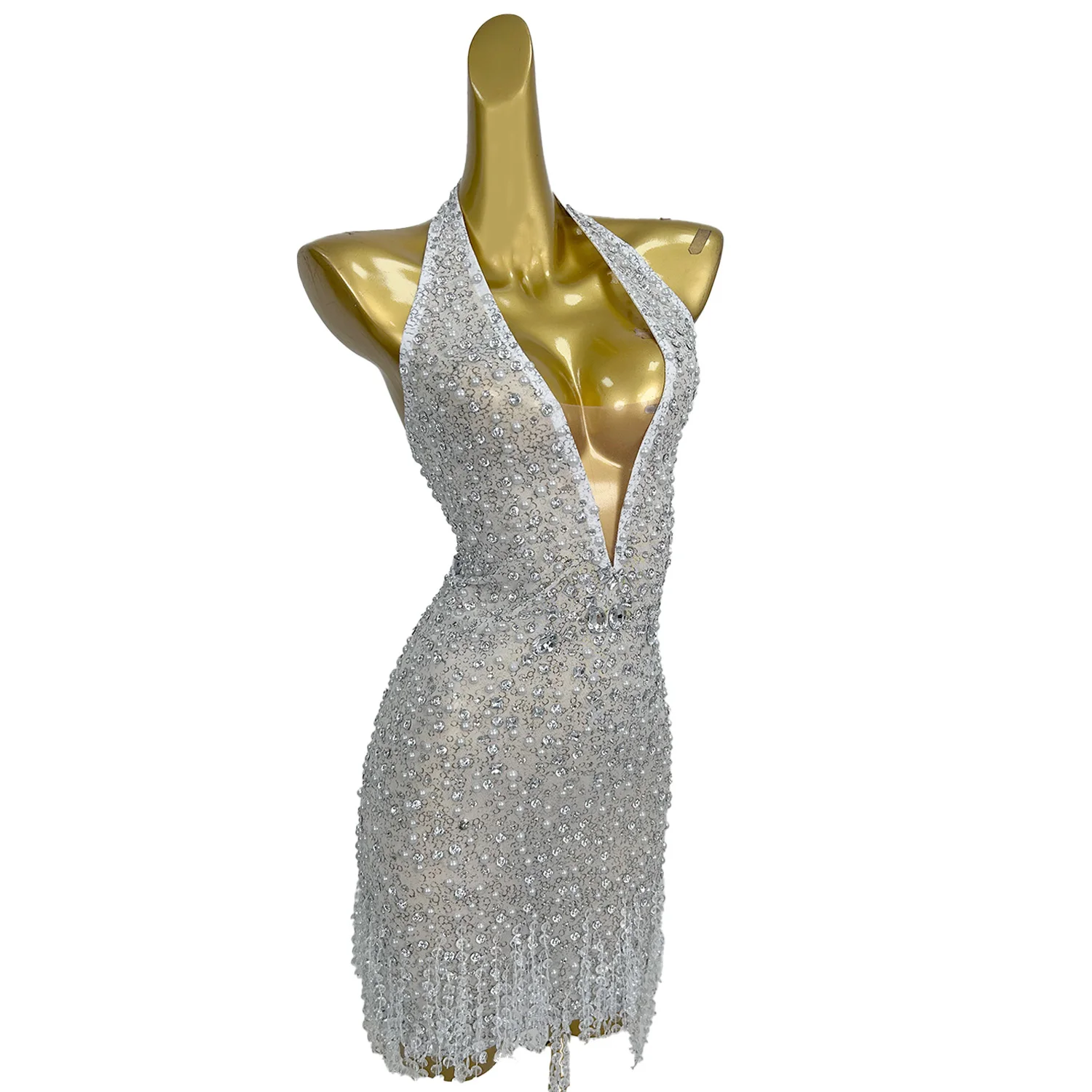 Seksowna Sukienka Mini na Bal Koktajlowy z Głębokim Dekoltem w Serek, Frędzlami z Cyrkonii, Bez Pleców, Idealna na Imprezę do Klubu Nocnego, Wieczorową Kolację, Sukienka Ołówkowa