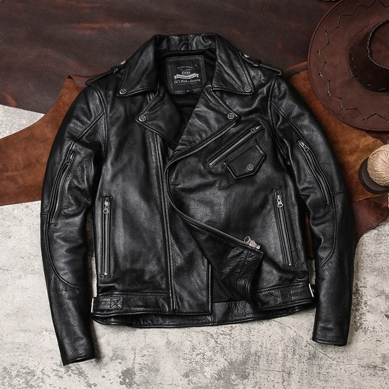 

Blunt Razor Men's Leather Short Big Flip Top Cowhide Slim Fashion Motorcycle Jacket