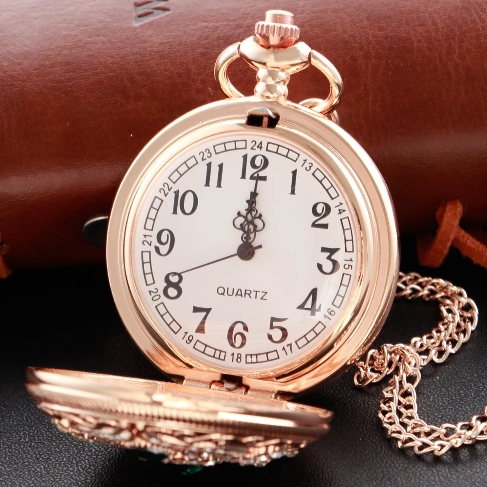 Exquisite Green Luxury Gemstone Diamond Rose Gold Quartz Pocket Watch Womens Necklace Clock Pendant Jewelry Accessories Gifts