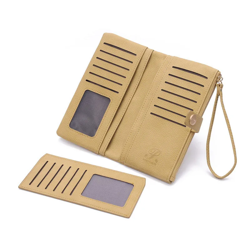 PU Leather Solid Color Wallet Long Hasps Large Capacity Wallets Bifold Fold-over Purse For Women Wallet With ID Window Holder
