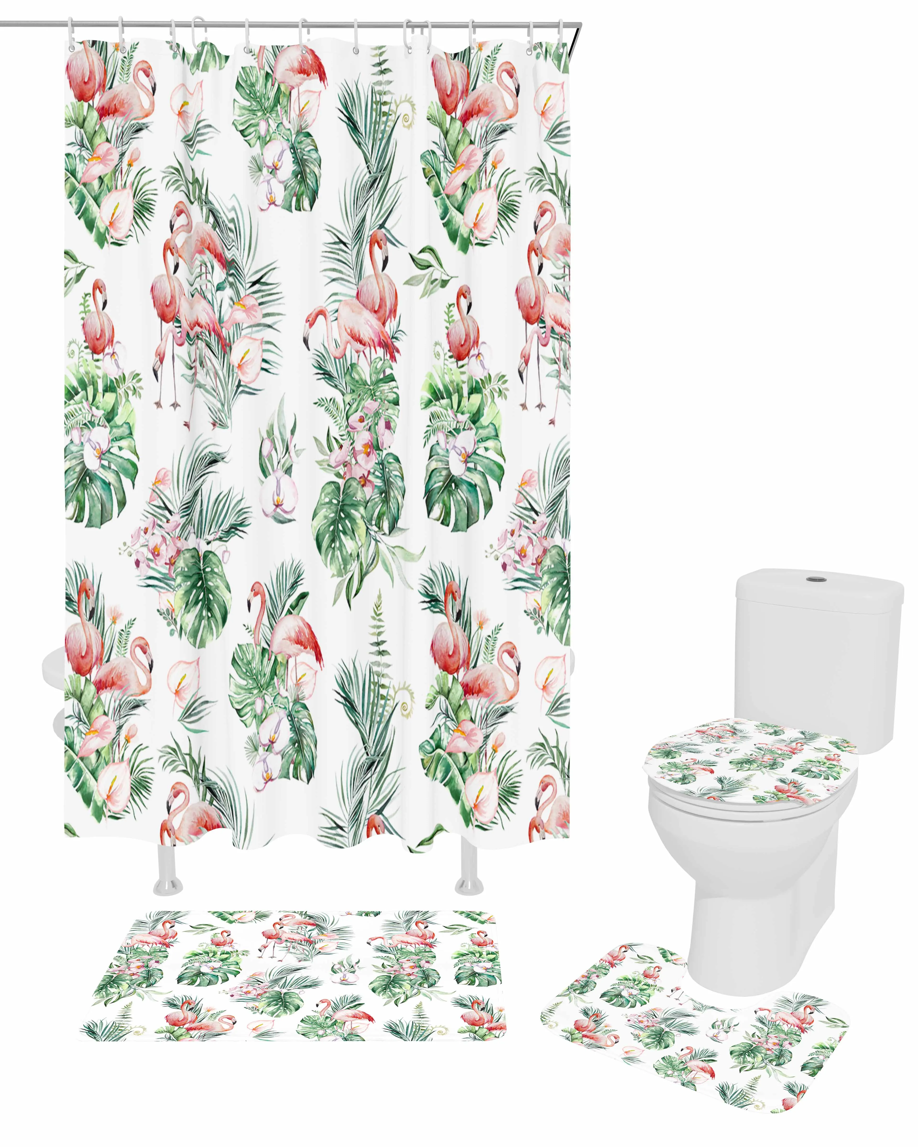 Tropical Flamingos Leaves Flowers Summer Shower Curtain Non-Slip Rugs Toilet Lid Cover and Bath Mat Bathroom Curtains with Hooks