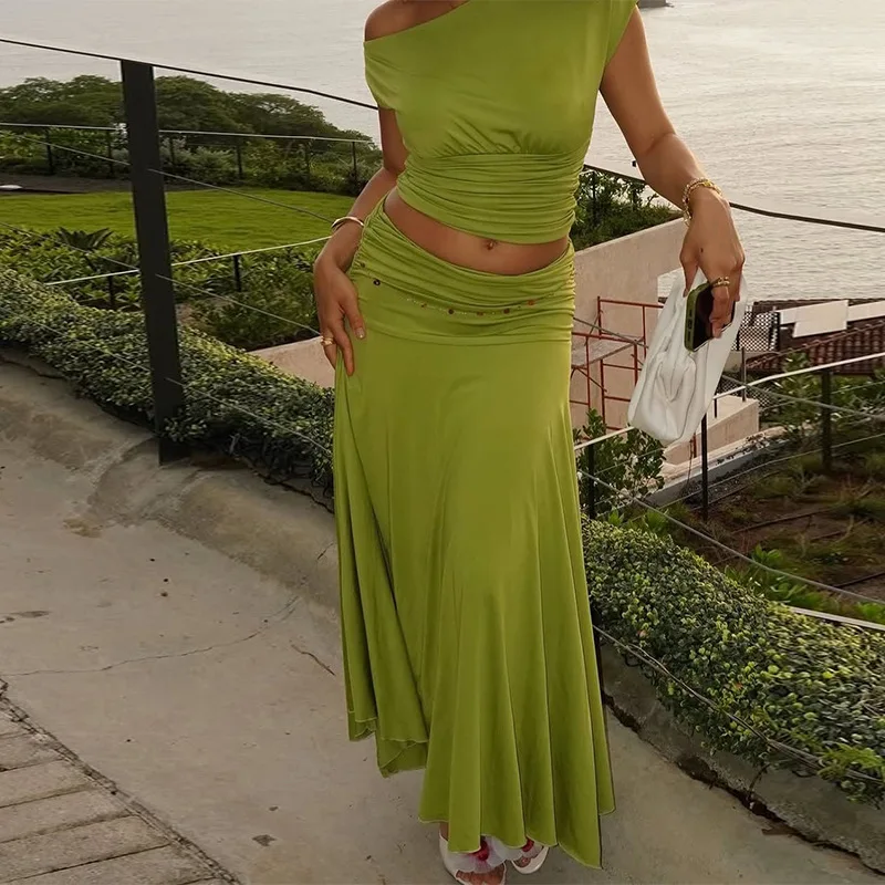 Women's Green Beach Maxi Skirt Sets Fashion High Waist Slim Bohemian Outfits Off The Shoulder Holiday Party Two Piece Set 2025