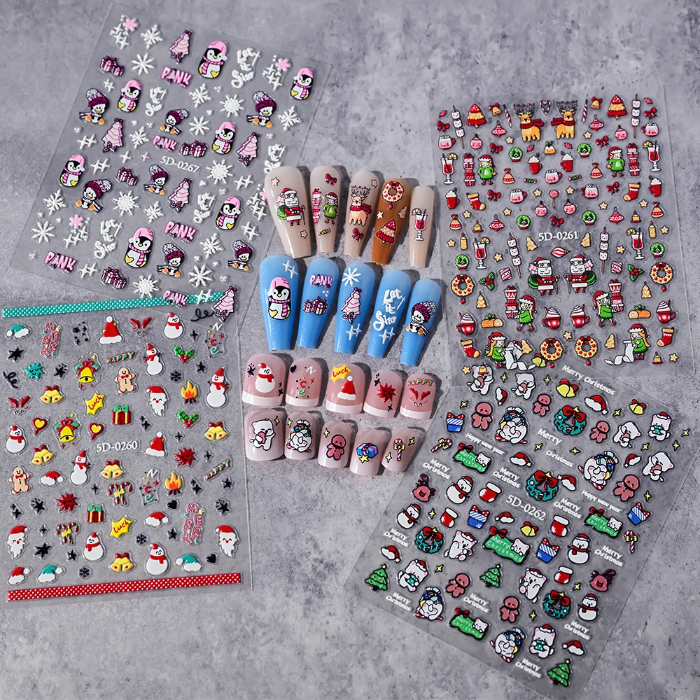 1Pcs 5D 귀여운 크리스마스 펭귄 눈송이 네일 아트 스티커 크리스마스 엘크 산타 클로스 자기 접착 슬라이더 겨울 DIY 매니큐어 데칼