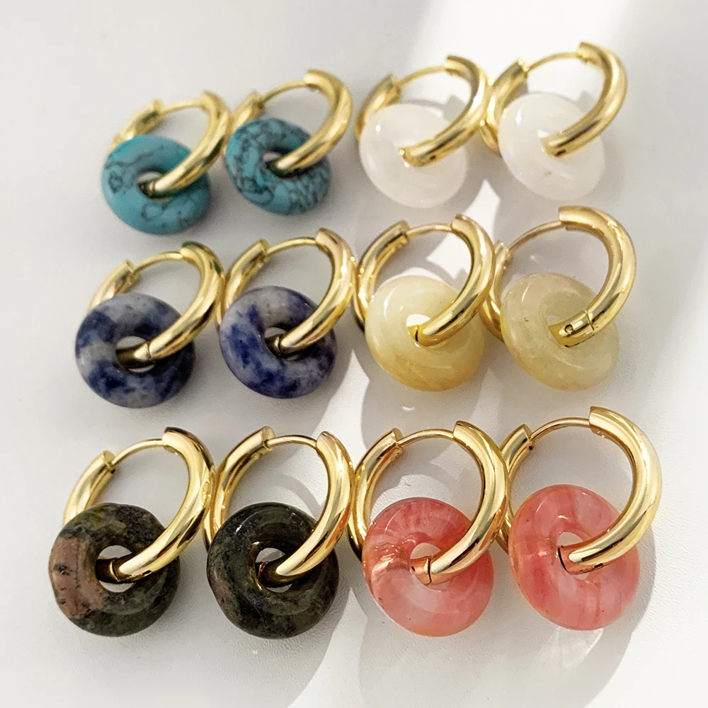 Charm Natural Stone Round Donuts Beads Gold plated Hoop Huggie Earrings for Women Statement Stainless Steel Hoops New Trend