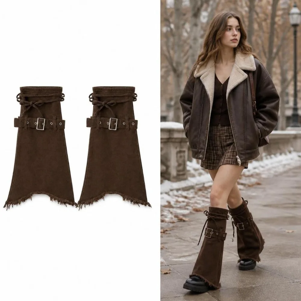 Washed Denim Denim Leg Warmers Frayed Adjustable Buckle Flared Leg Warmers Strap Closure Bell Bottom Leg Warmers For Women
