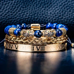Luxury Set Gold Color Double Leopard head Handmade Roman Numeral Bracelets Accessories Handmade Men's Jewelry