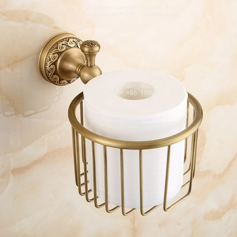 Antique Brass Carved Toilet Paper Holder Basket Bathroom Accessory Wall‑Mount Tissue Storage Rack Tissue Box For Washroom