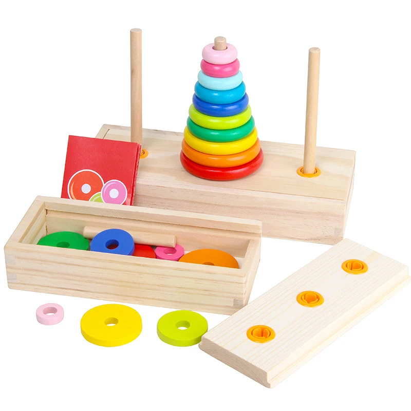 Classic Wooden Puzzle Stack Tower Of Hanoi Kid Mathematical Early Educational Toys Parent-child Interaction Toy With Storage Box