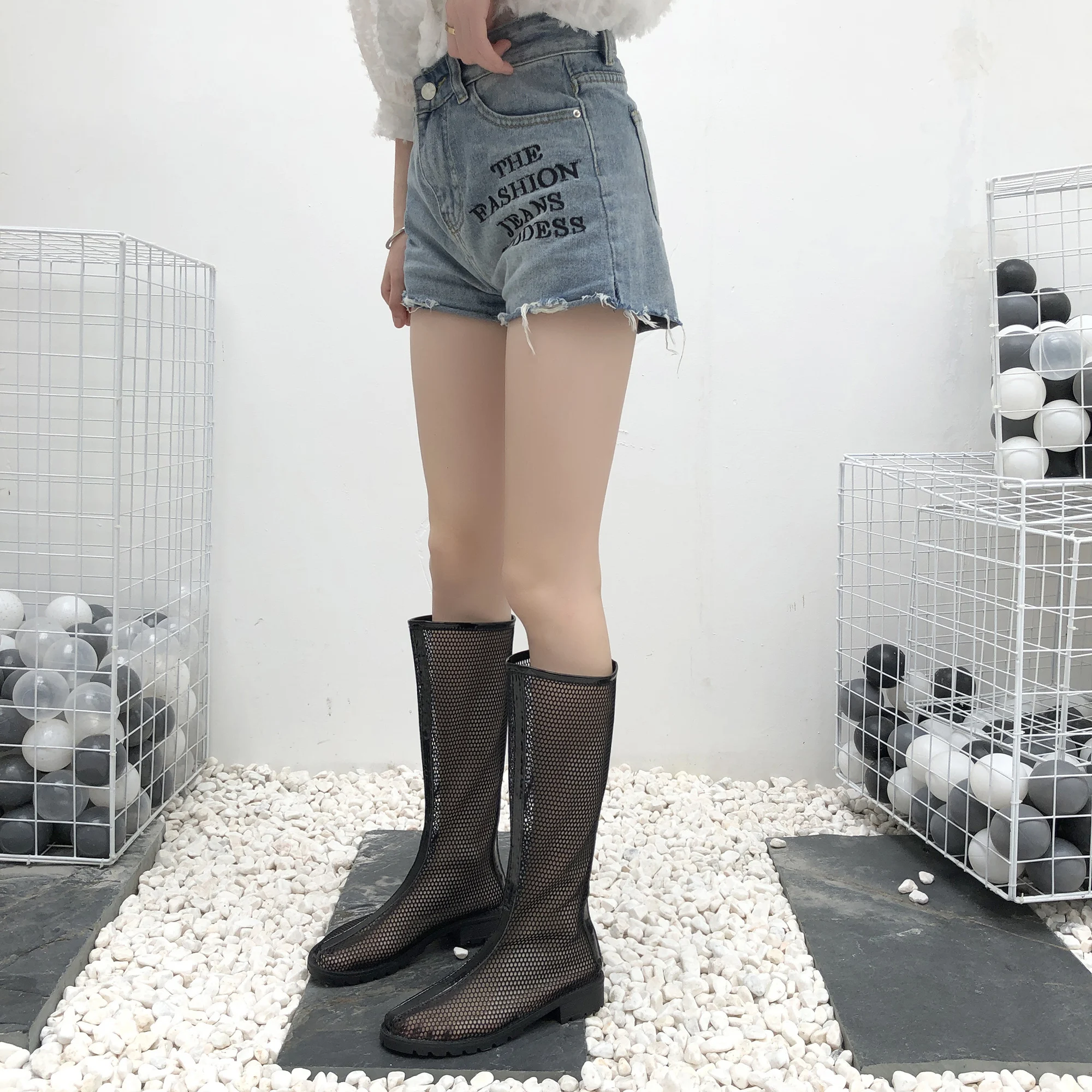 Women Round Toe Mesh Knee High Boots Cut Out Mesh Square Heel Sexy Party Club Lady Zipper Pointed Toe Breathable Short Boots