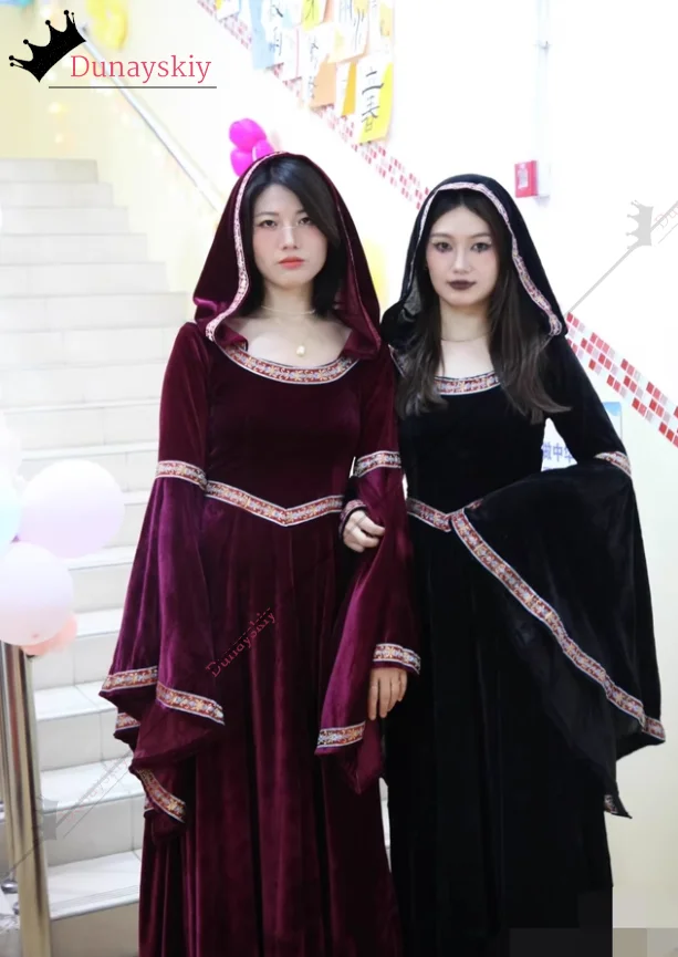 

Halloween Gothic Hoodie Witch Cosplay Costume Medieval Retro Women's Dresses Long Skirt Halloween Vampire Adult Role-play Suits