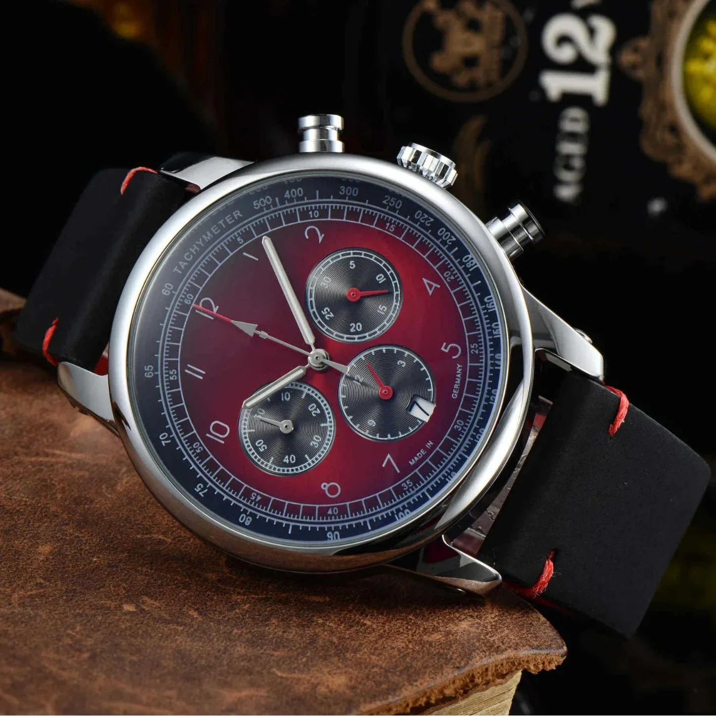 Stylish Men's Luxury 6-Needle Chrono Quartz Watch, Genuine Leather Band Water-Resistant Multifunctional Casual Dress Wristwatch