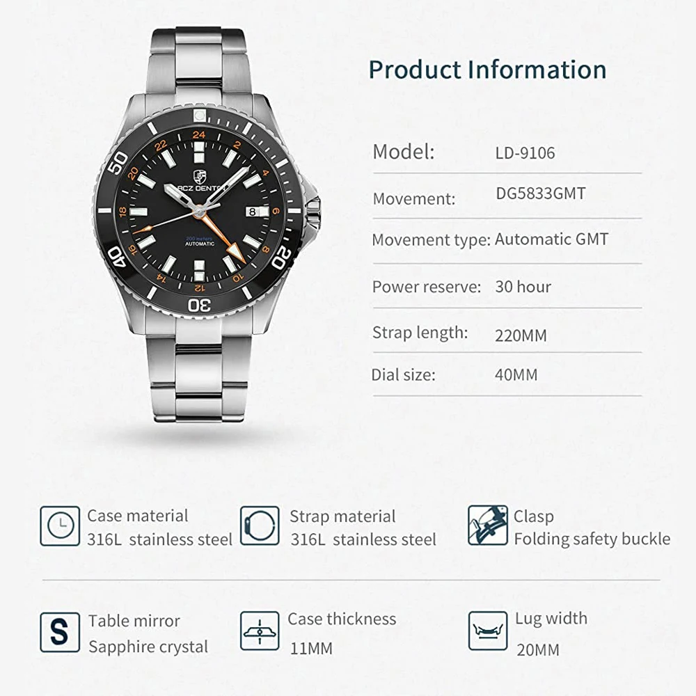 LACZ DENTON 40MM GMT Automatic Mens Watch Mechanical Wristwatches Waterproof 316L Stainless Steel Sapphire crystal Reloj Hombre