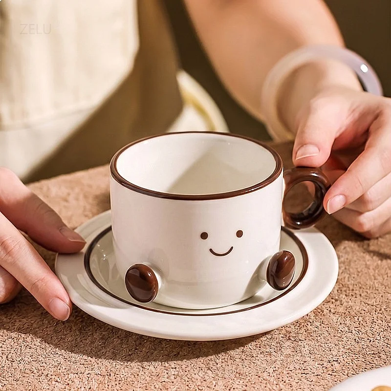 

High Appearance Ceramic Smiley Face Coffee Cup Saucer Set Cocoa Bean Mug Creative Home Gift Box Porcelain Drinkware
