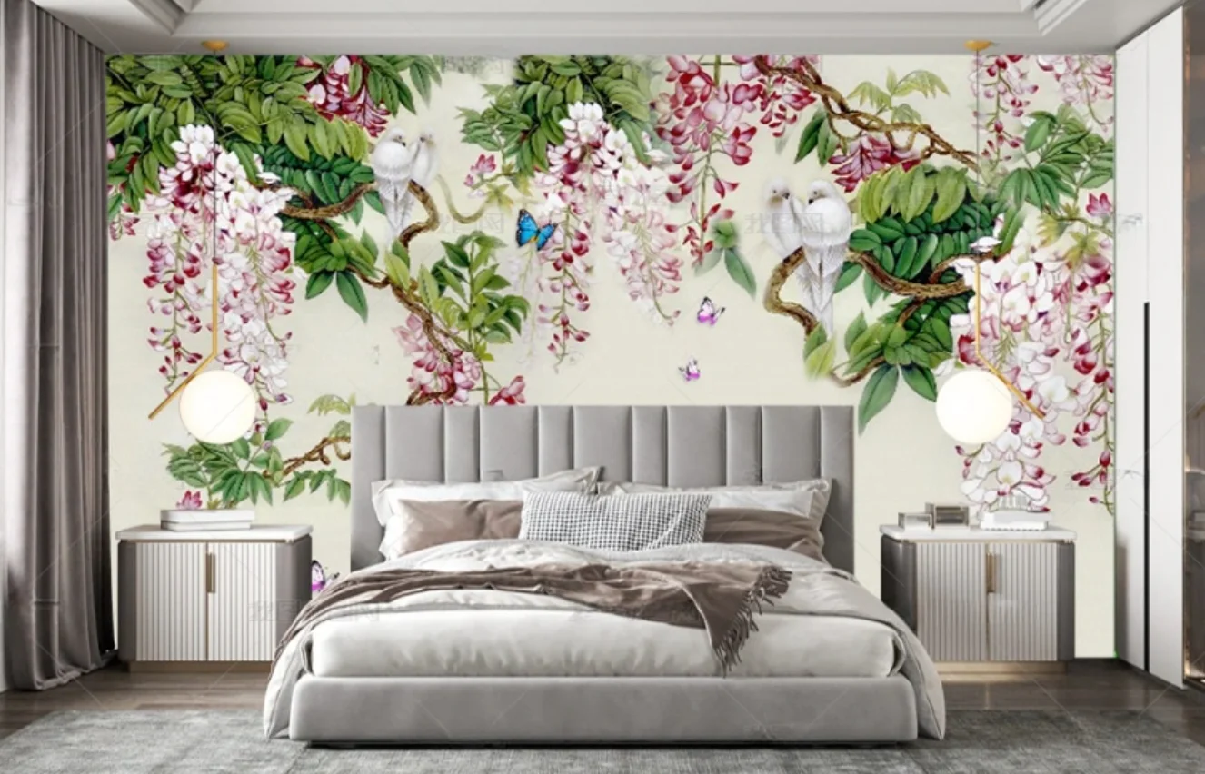 

Custom wallpaper Modern and stylish European hand-painted parrot flowers TV background wall living room bedroom 3d wallpaper
